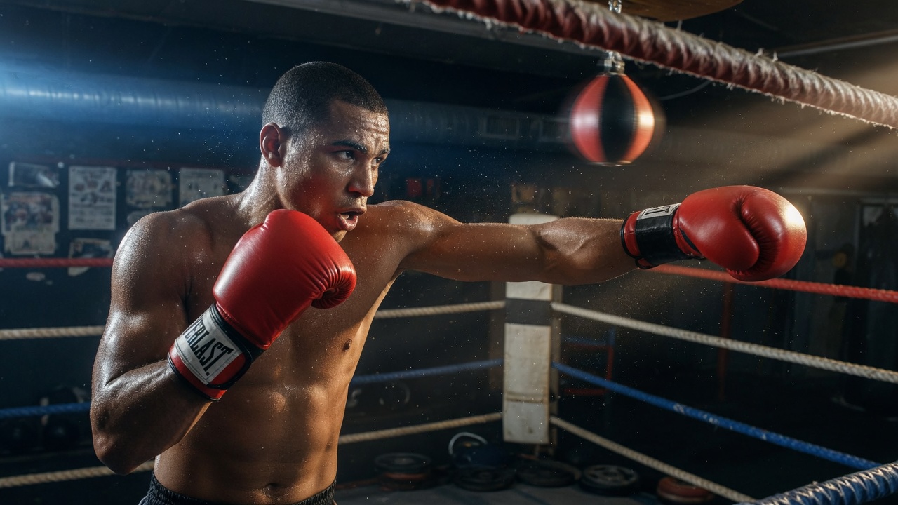 Boxer throwing a punch in a dark gym
